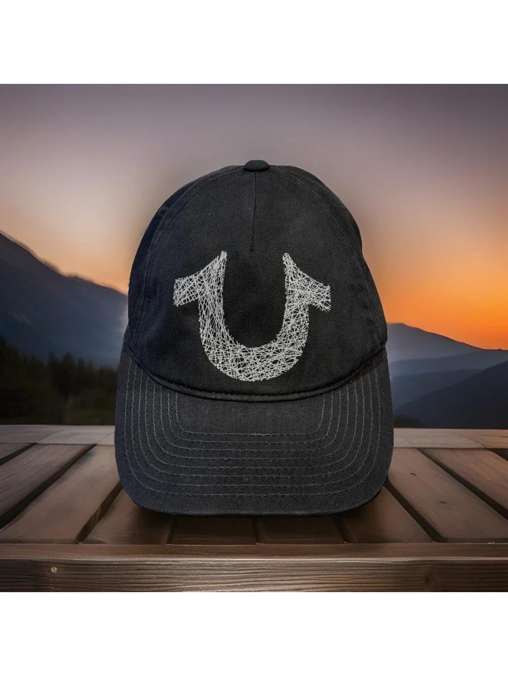 True Religion Big Horseshoe Paint Drizzle Scribble Leather Patch Baseball Cap